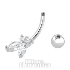 Blue Banana Surgical Steel 1.6 x 10mm 4 Stones Butterfly Navel Bar (Silver)