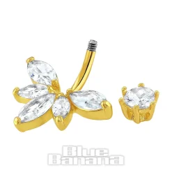 Blue Banana Surgical Steel 1.6 x 10mm 5 Oval Stones Navel Bar (Gold)