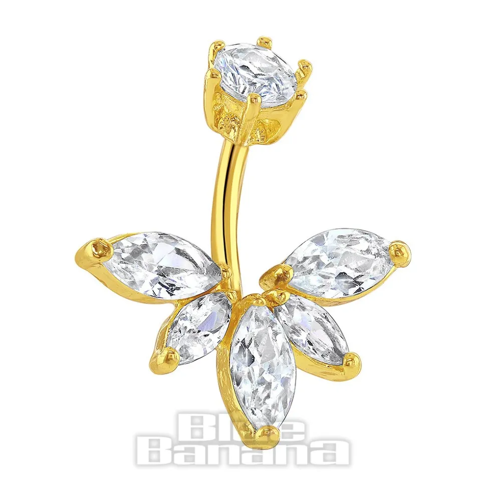 Blue Banana Surgical Steel 1.6 x 10mm 5 Oval Stones Navel Bar (Gold)