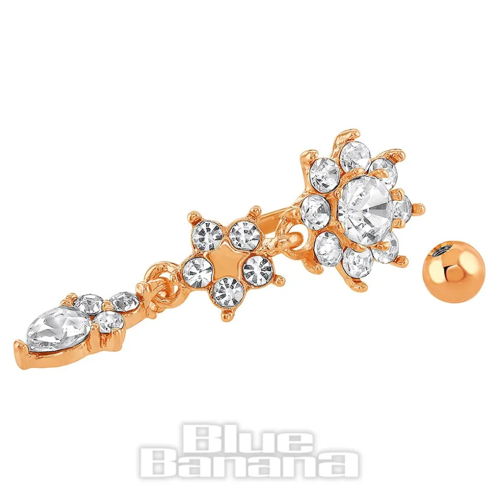 Blue Banana Surgical Steel 1.6 x 10mm Star Flowers Navel Bar (Rose Gold)