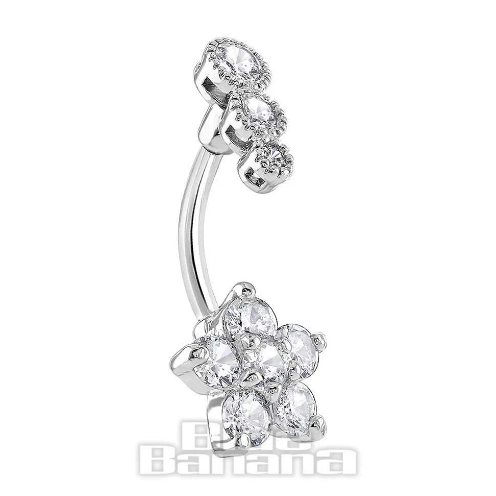 Blue Banana Surgical Steel 1.6 x 10mm 3 Stones Flower Navel Bar (Silver)