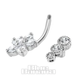 Blue Banana Surgical Steel 1.6 x 10mm 3 Stones Flower Navel Bar (Silver)