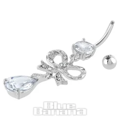 Blue Banana Surgical Steel 1.6 x 10mm Crystal Bow Navel Bar (Silver)