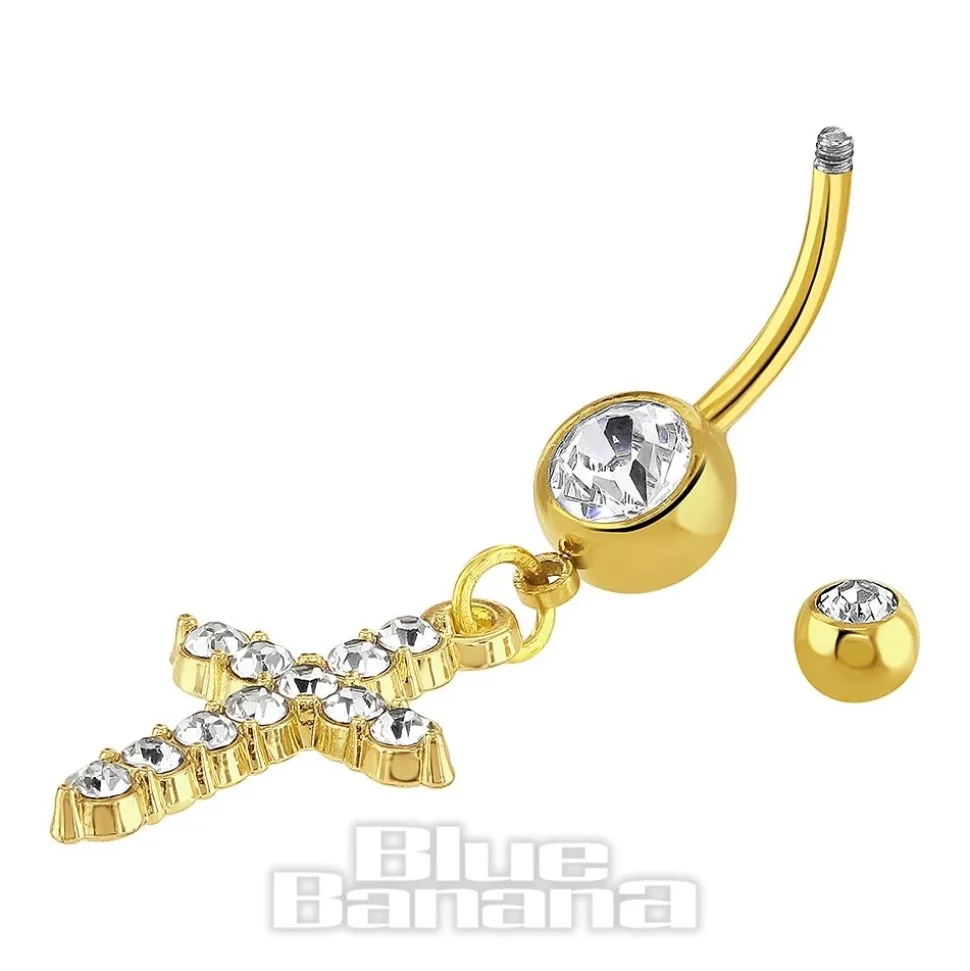 Blue Banana Surgical Steel 1.6 x 10mm Cross Navel Bar (Gold)