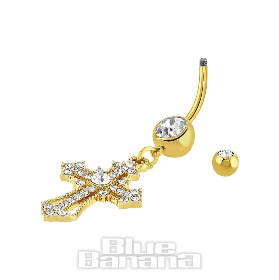 Blue Banana Surgical Steel 1.6 x 10mm Gem Cross Navel Bar (Gold)