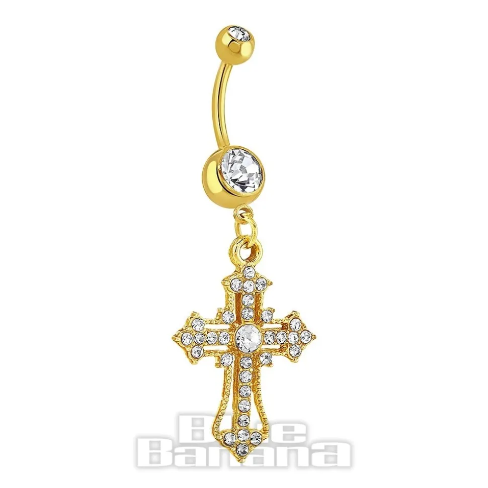 Blue Banana Surgical Steel 1.6 x 10mm Gem Cross Navel Bar (Gold)
