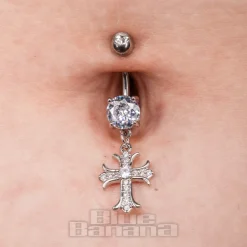 Blue Banana Surgical Steel 1.6 x 10mm Zircon Cross Navel Bar (Crystal)