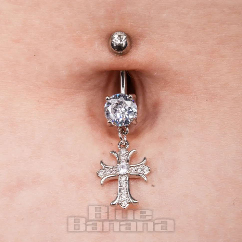 Blue Banana Surgical Steel 1.6 x 10mm Zircon Cross Navel Bar (Crystal)