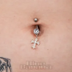 Blue Banana Surgical Steel 1.6 x 10mm Zircon Cross Navel Bar (Crystal)