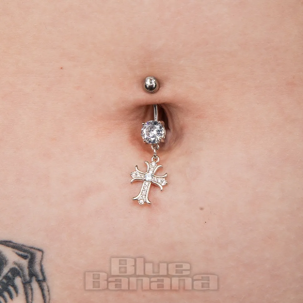 Blue Banana Surgical Steel 1.6 x 10mm Zircon Cross Navel Bar (Crystal)