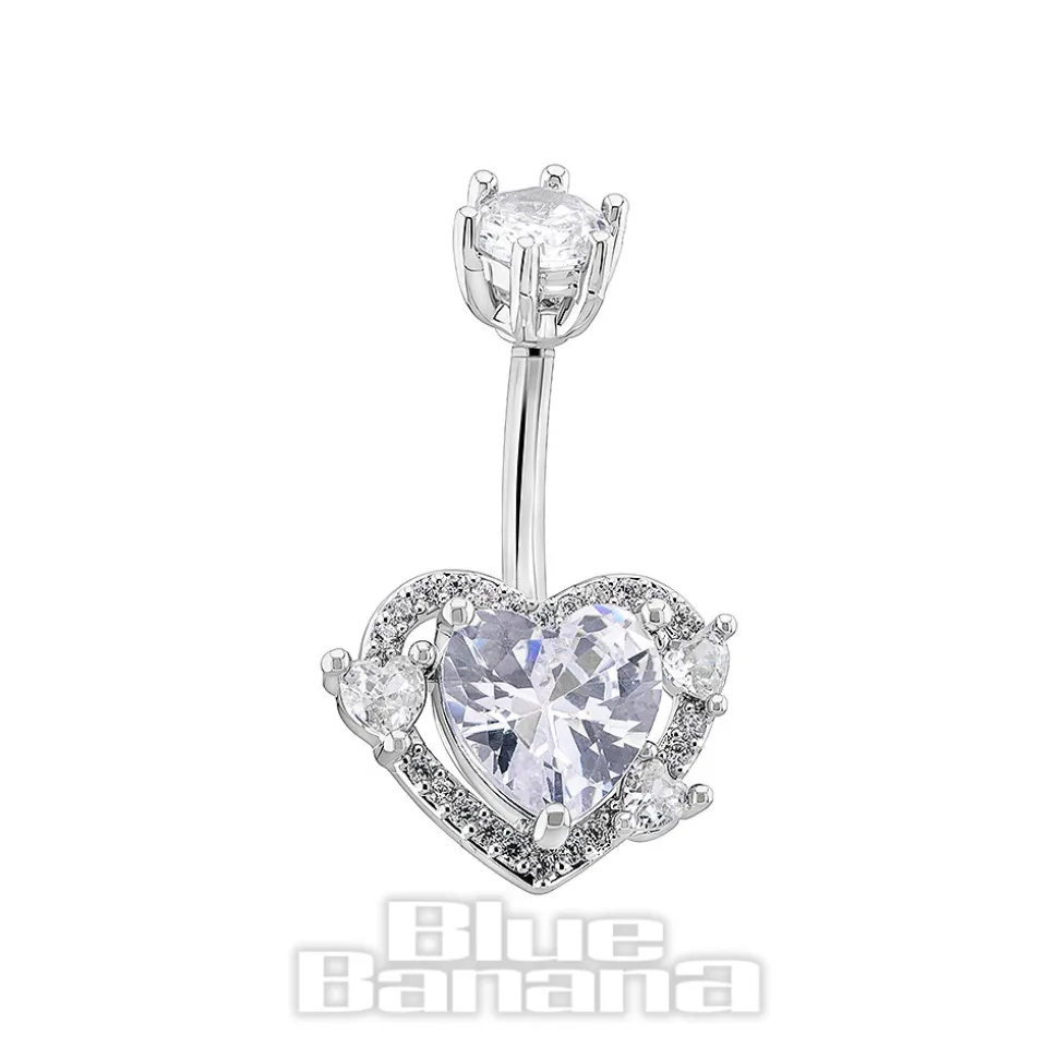 Blue Banana Surgical Steel 1.6x10mm Zirconia Heart Navel Bar (Crystal)