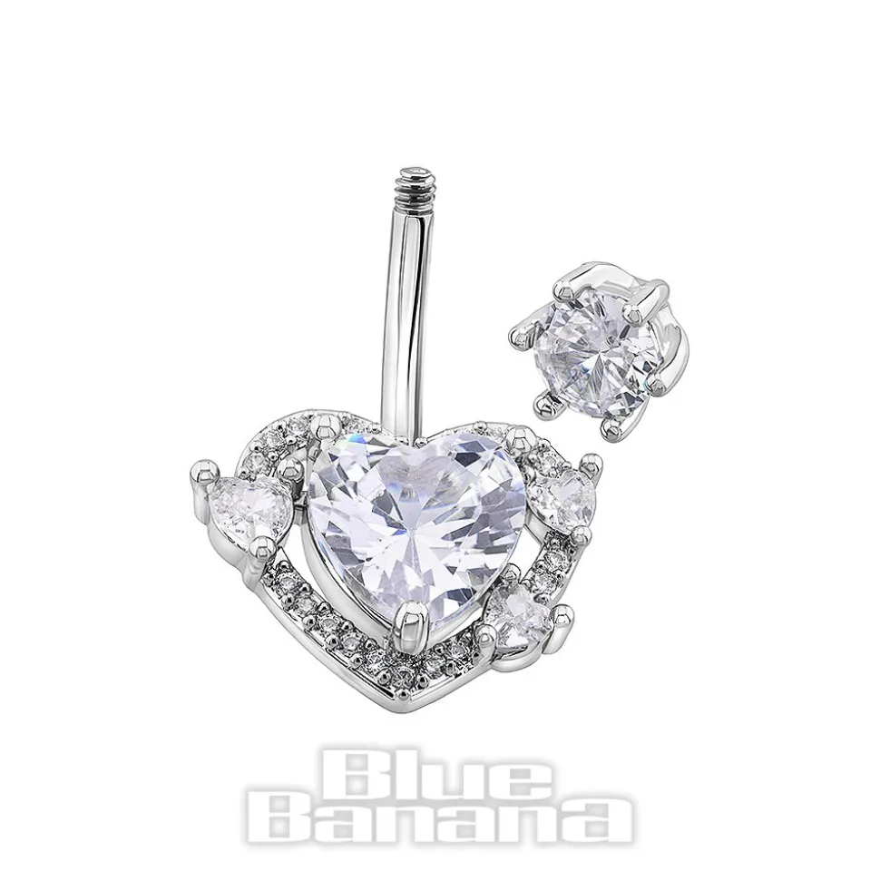Blue Banana Surgical Steel 1.6x10mm Zirconia Heart Navel Bar (Crystal)