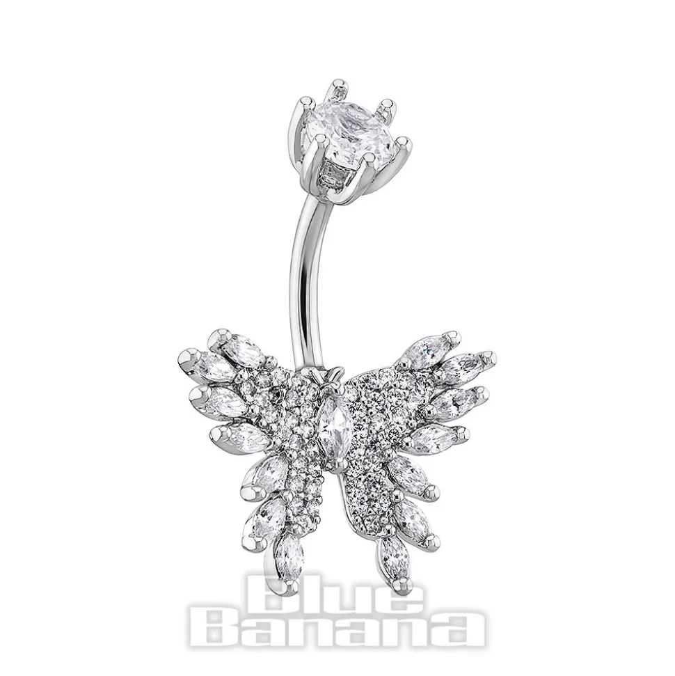 Blue Banana Surgical Steel 1.6x10mm Zirconia Butterfly Navel Bar (Crystal)