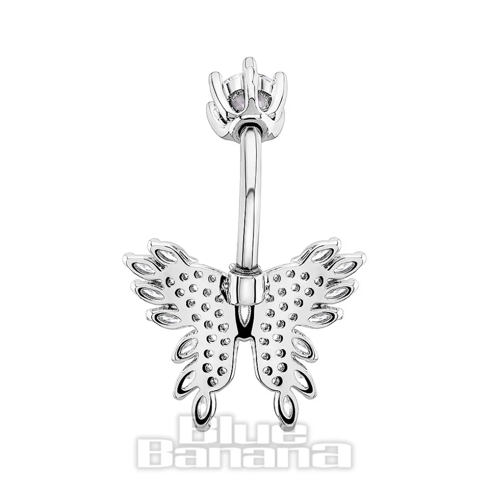 Blue Banana Surgical Steel 1.6x10mm Zirconia Butterfly Navel Bar (Crystal)