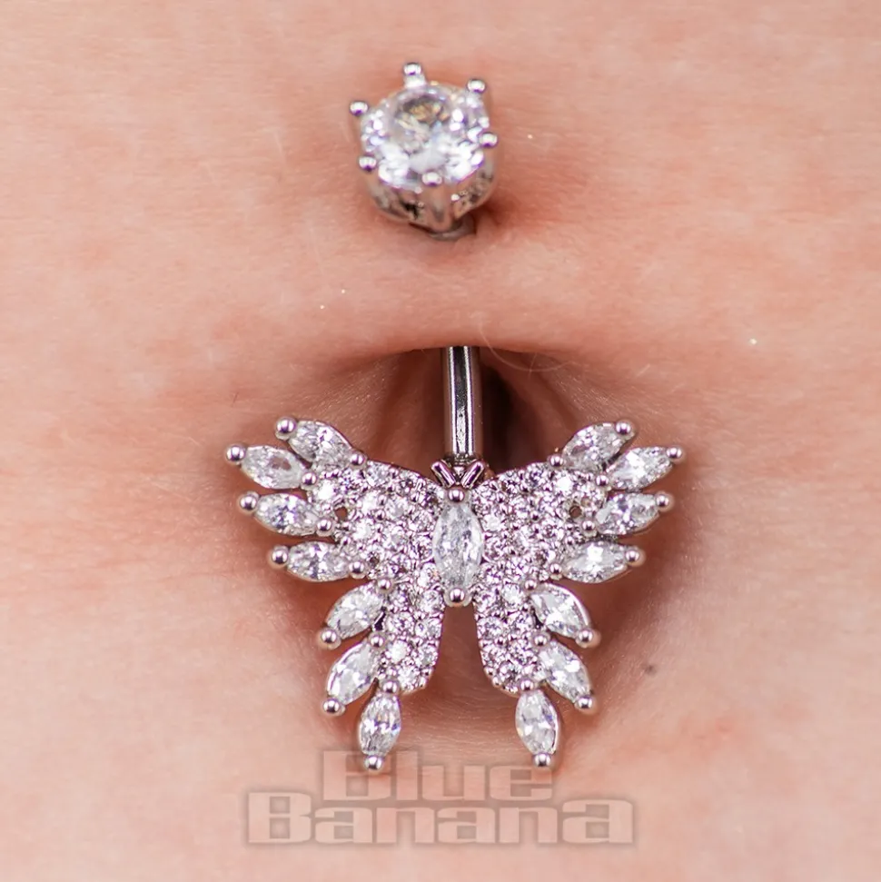 Blue Banana Surgical Steel 1.6x10mm Zirconia Butterfly Navel Bar (Crystal)