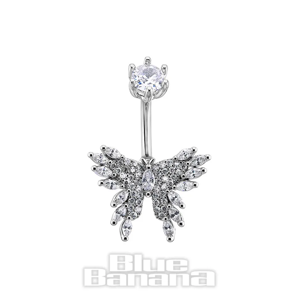 Blue Banana Surgical Steel 1.6x10mm Zirconia Butterfly Navel Bar (Crystal)