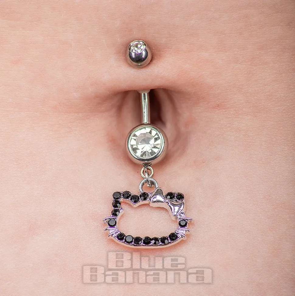 Blue Banana Surgical Steel 1.6x10mm Zirconia Kitty Navel Bar (Black)
