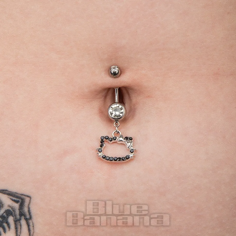 Blue Banana Surgical Steel 1.6x10mm Zirconia Kitty Navel Bar (Black)