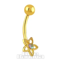 Blue Banana Surgical Steel 1.6 x 10mm Cubic Zirconia Flower Navel Bar (Gold)