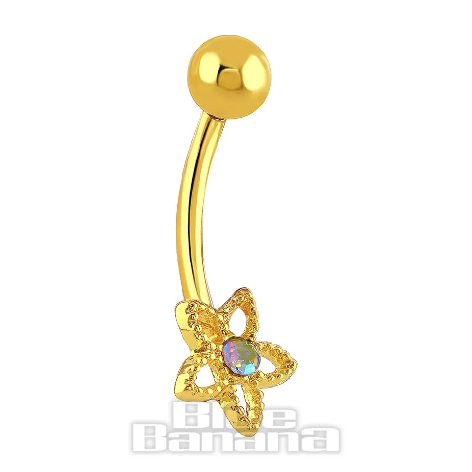 Blue Banana Surgical Steel 1.6 x 10mm Cubic Zirconia Flower Navel Bar (Gold)