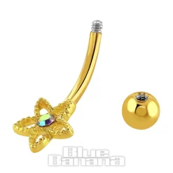 Blue Banana Surgical Steel 1.6 x 10mm Cubic Zirconia Flower Navel Bar (Gold)