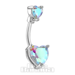 Blue Banana Surgical Steel 1.6 x 10mm 2 Hearts Navel Bar (Zircon)