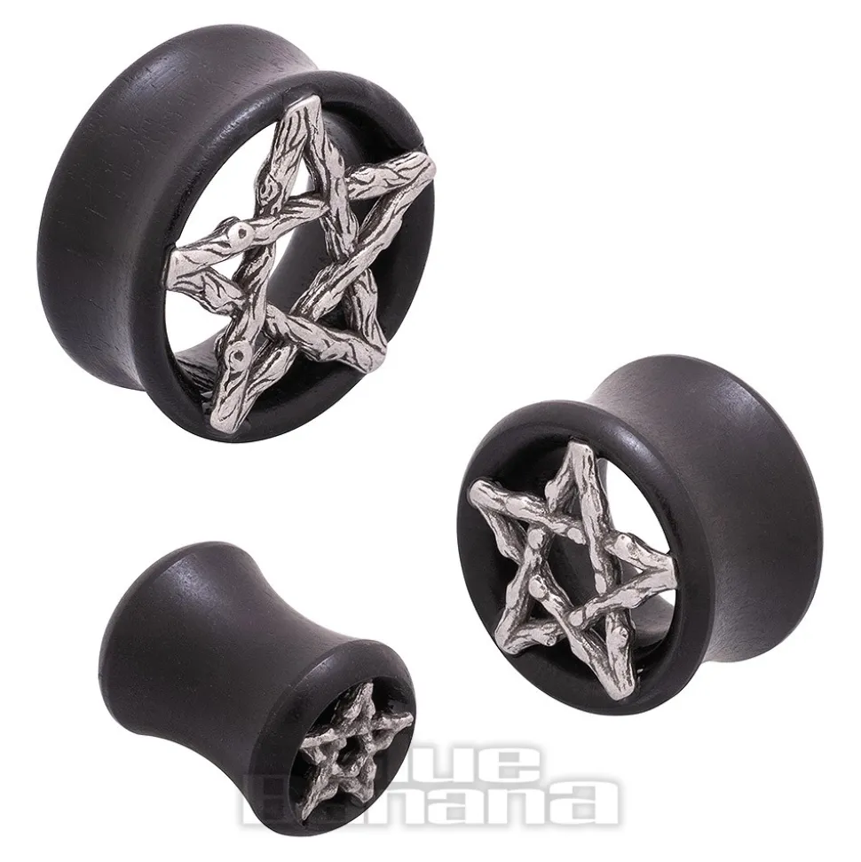 Blue Banana Wood & Silver Pentagram Tunnel 8-25mm (Black)
