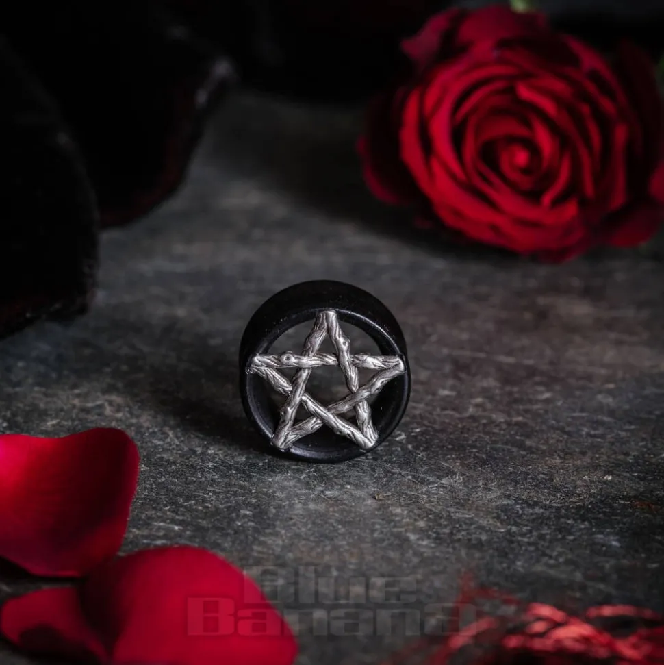 Blue Banana Wood & Silver Pentagram Tunnel 8-25mm (Black)