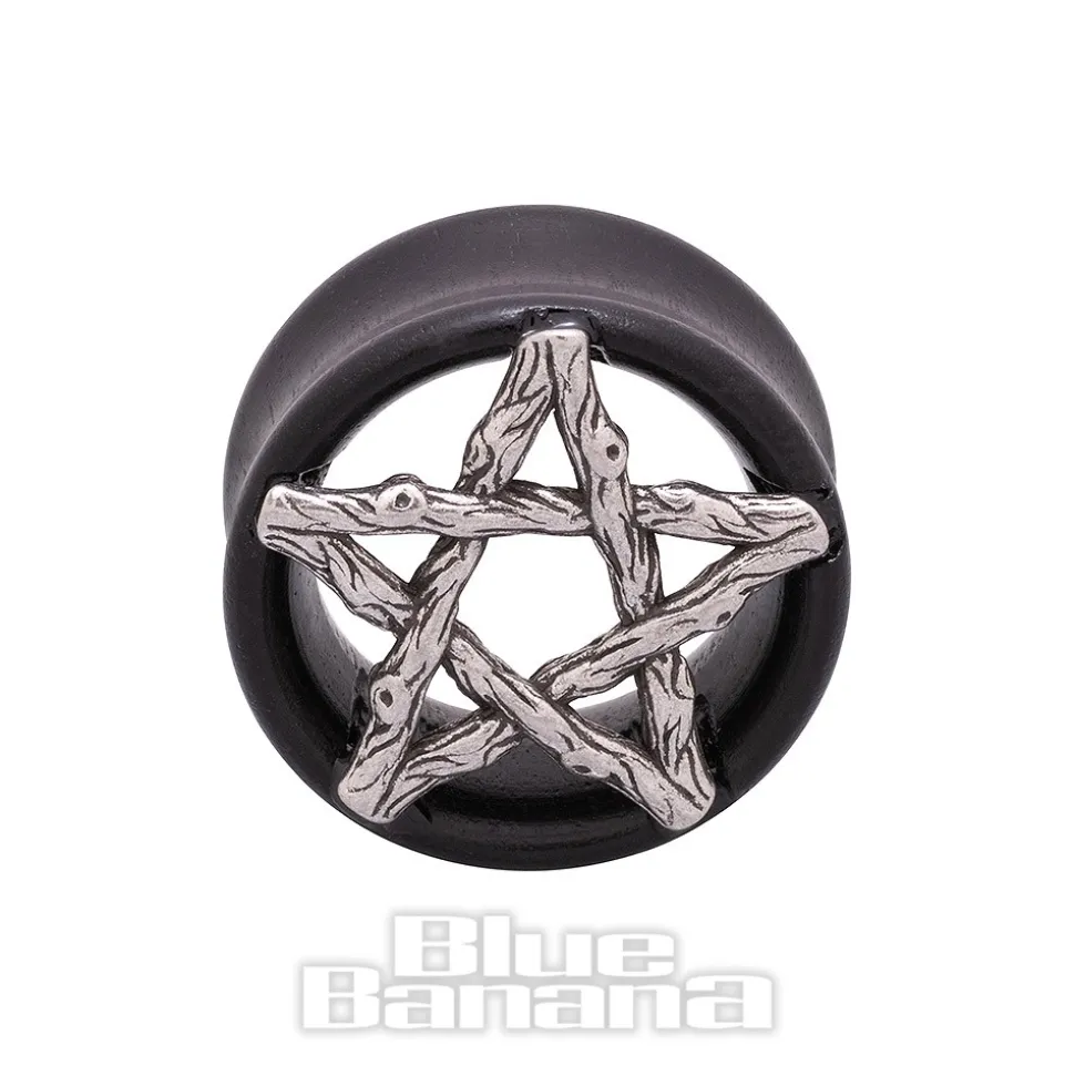 Blue Banana Wood & Silver Pentagram Tunnel 8-25mm (Black)
