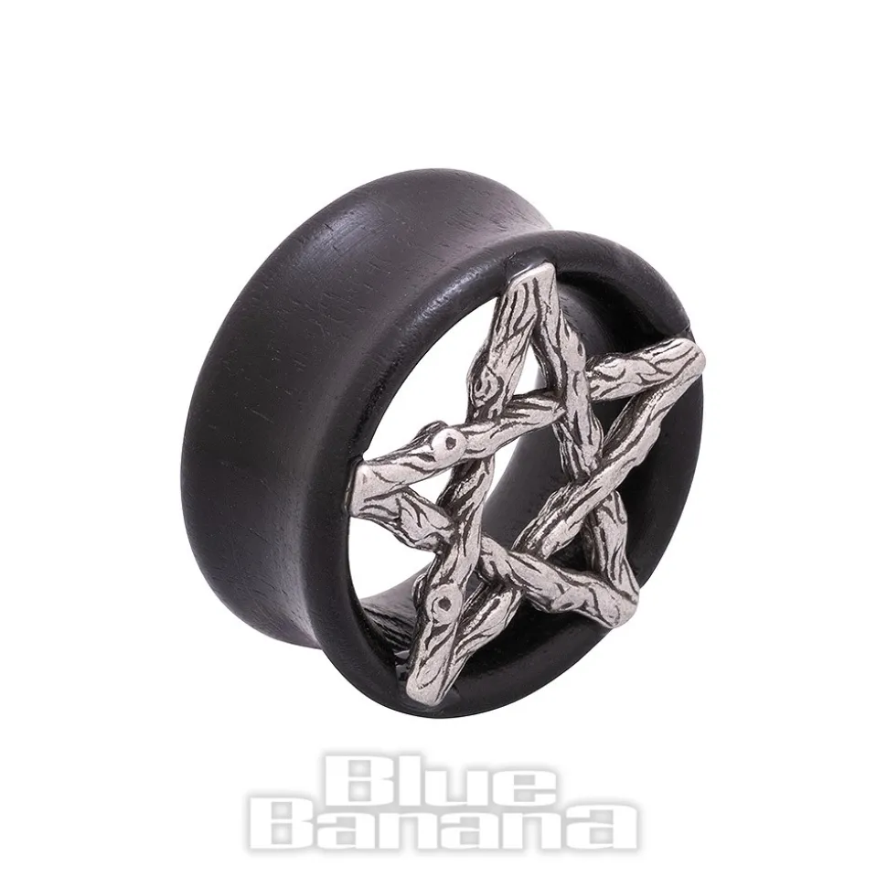Blue Banana Wood & Silver Pentagram Tunnel 8-25mm (Black)