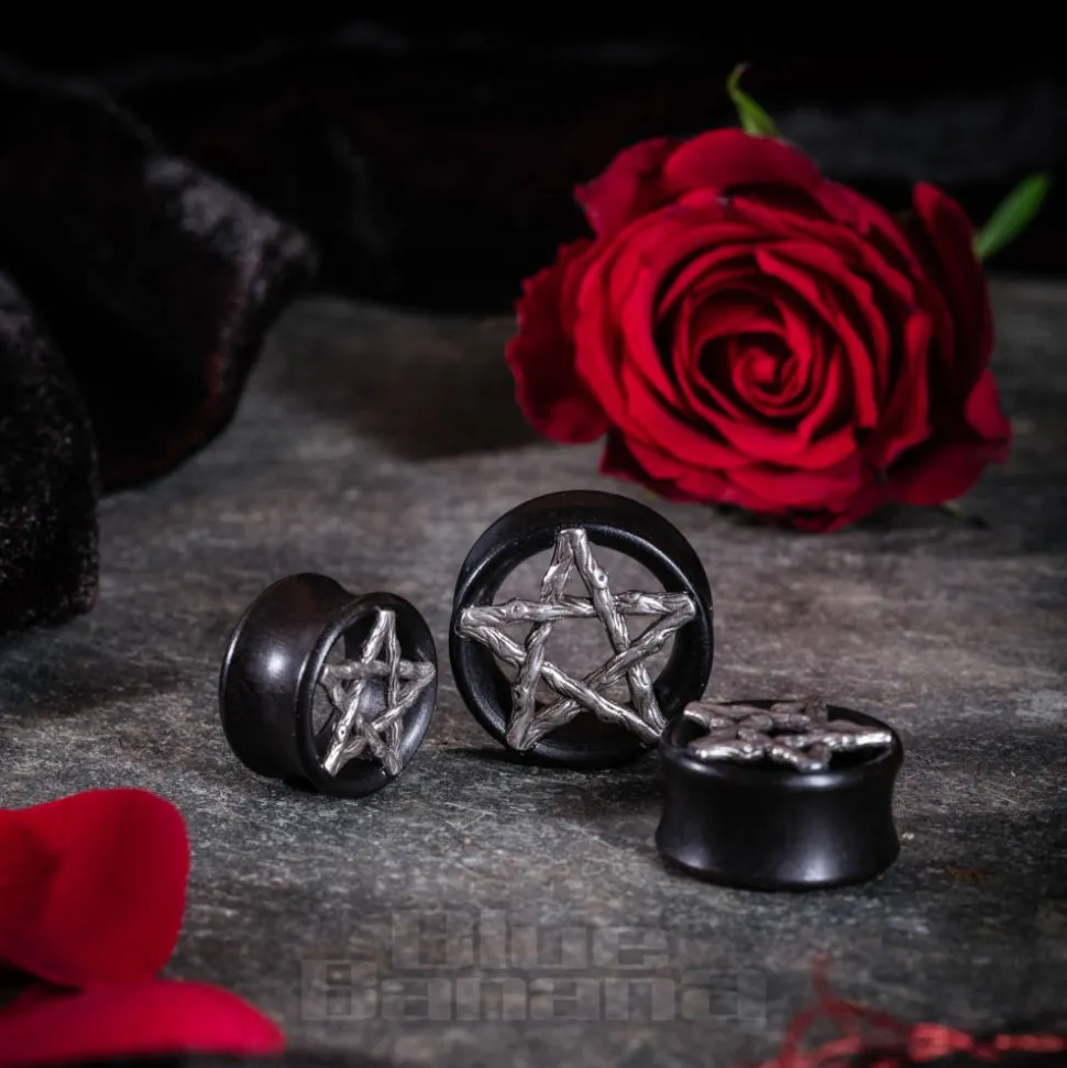 Blue Banana Wood & Silver Pentagram Tunnel 8-25mm (Black)