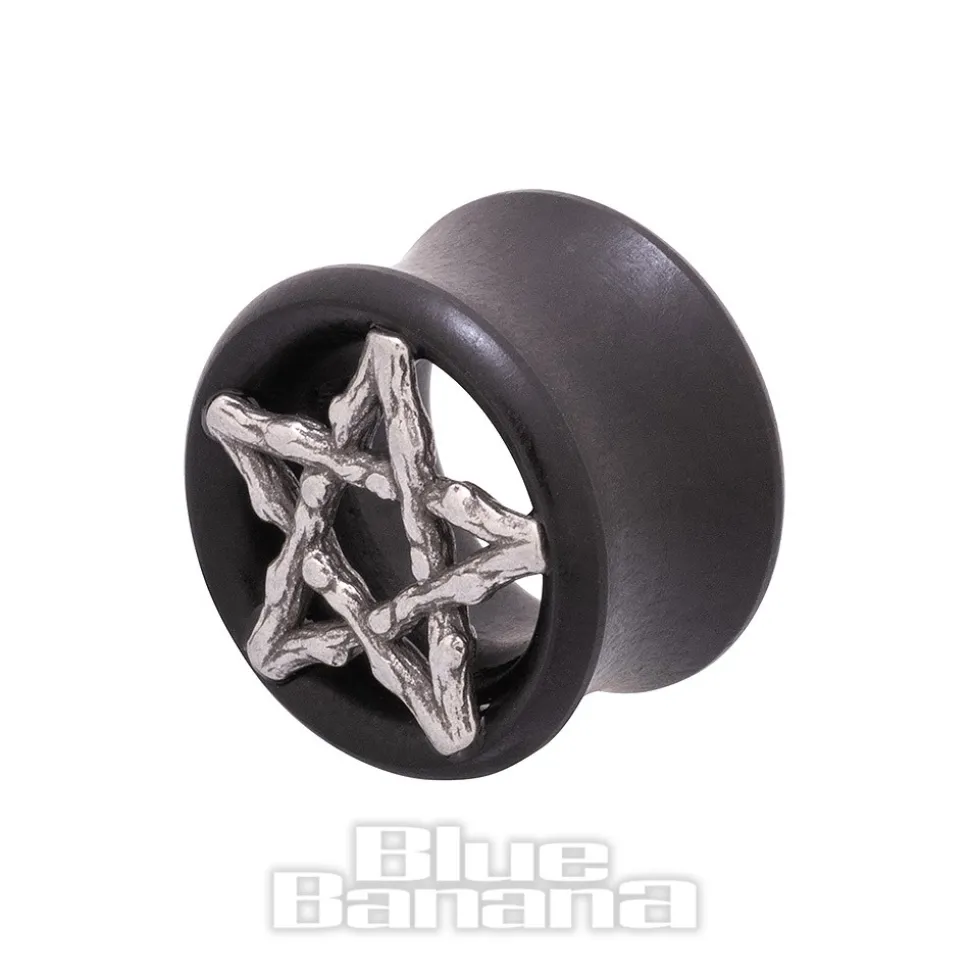 Blue Banana Wood & Silver Pentagram Tunnel 8-25mm (Black)