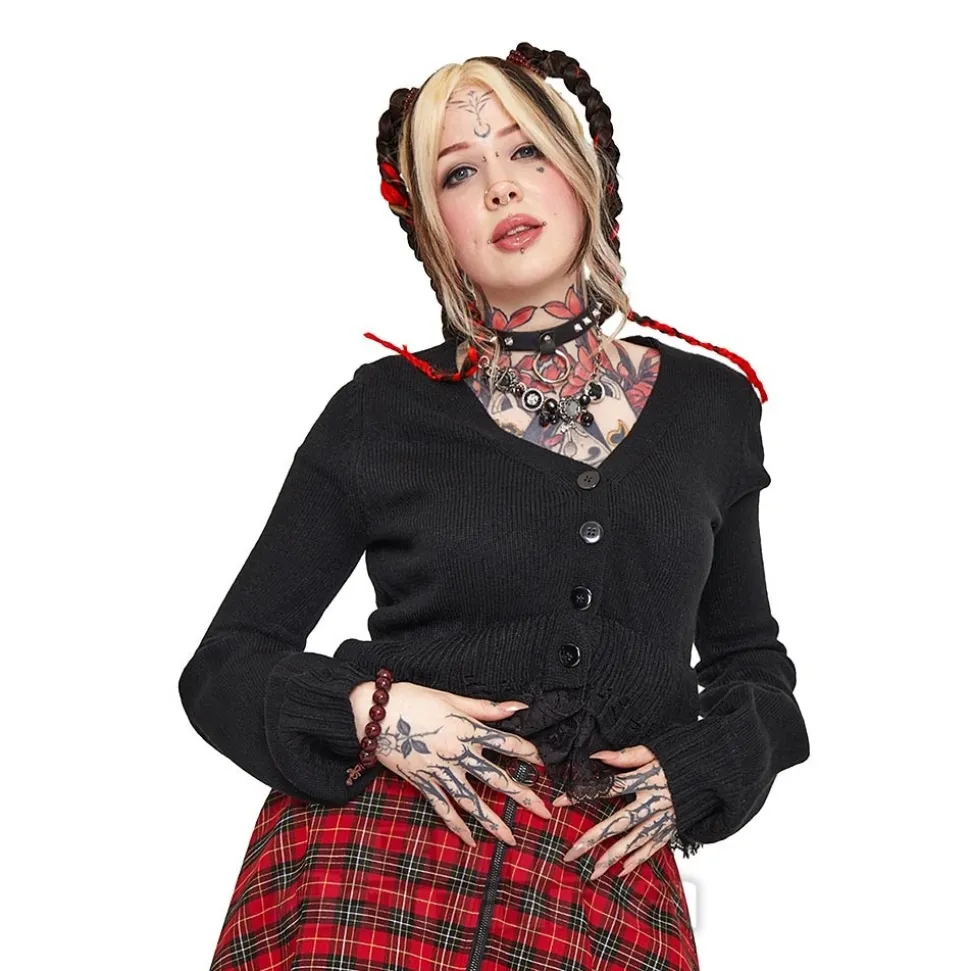 Jawbreaker Distressed Hem Crop Cardigan (Black)