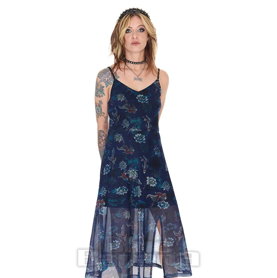 Jawbreaker Flower Koi Mesh Midi Dress (Navy)