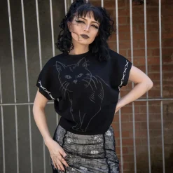 Jawbreaker Oversized Cat Knit Top (Black)