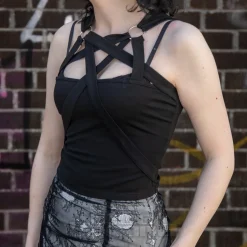 Jawbreaker Pentagram Straps & Rings Crop Top (Black)