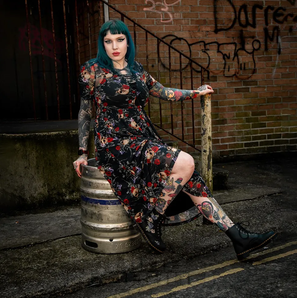 Jawbreaker Skull & Roses Mesh Midi Dress (Multicolour)