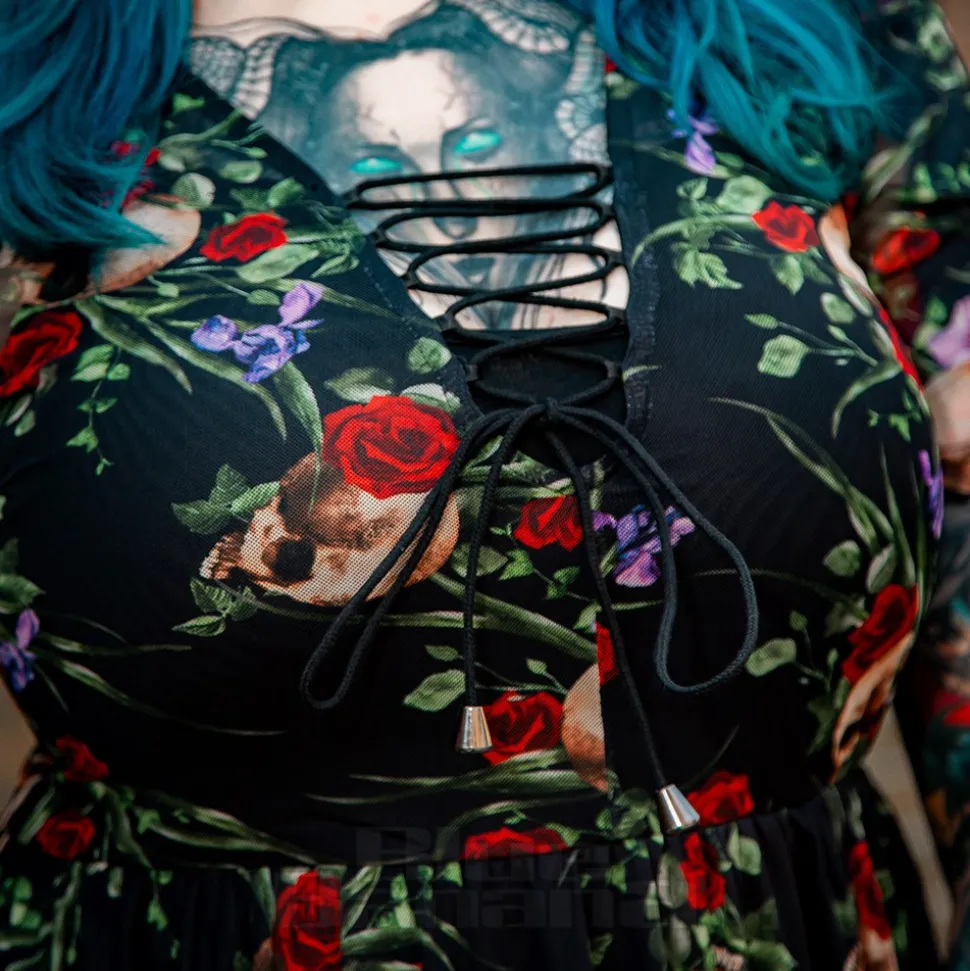 Jawbreaker Skull & Roses Mesh Midi Dress (Multicolour)
