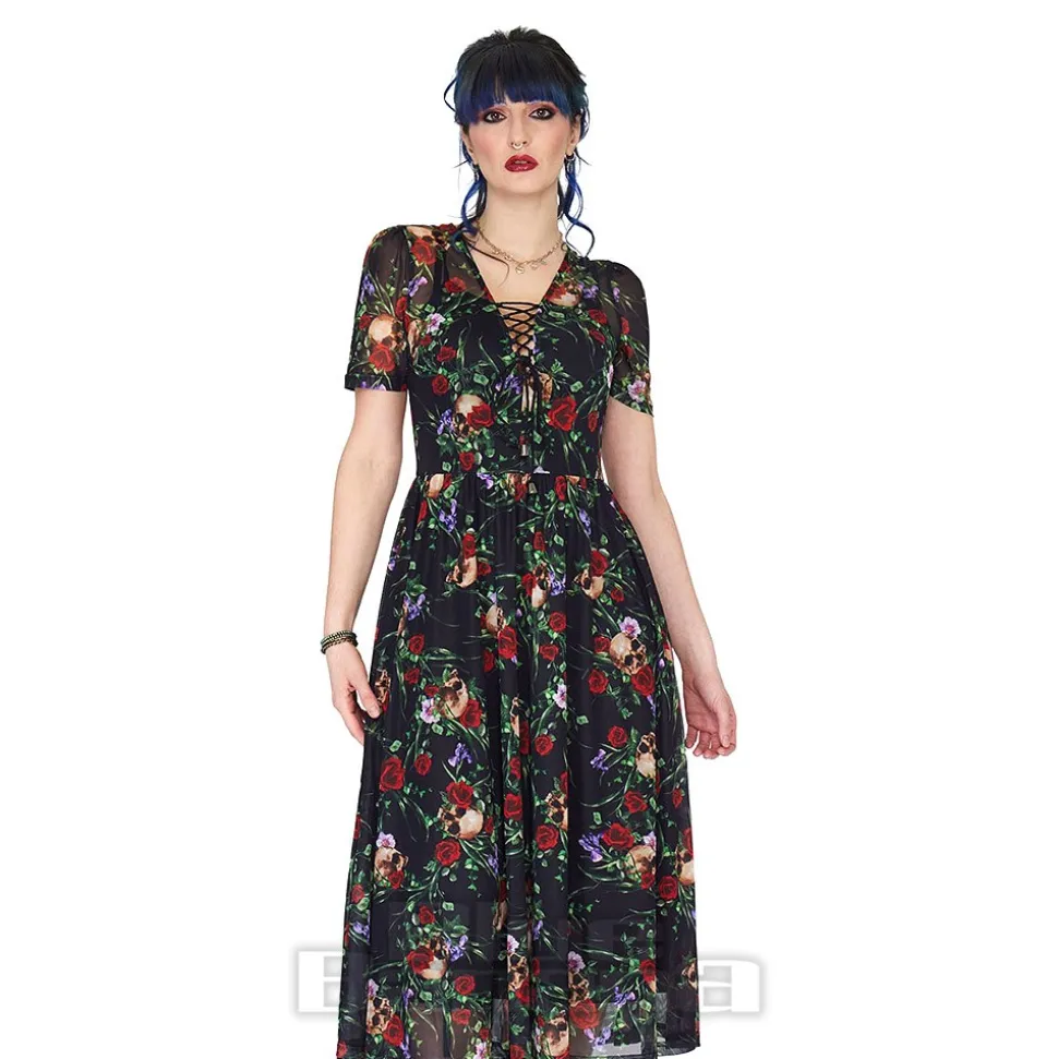 Jawbreaker Skull & Roses Mesh Midi Dress (Multicolour)