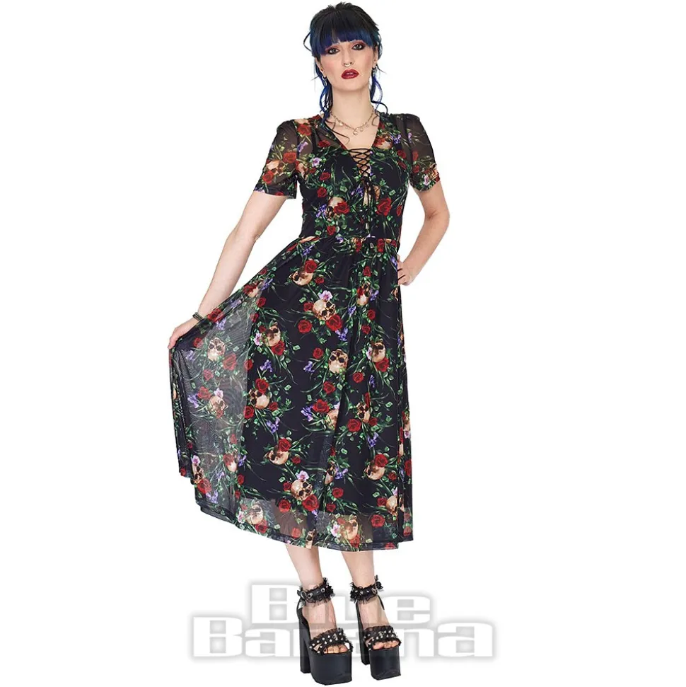 Jawbreaker Skull & Roses Mesh Midi Dress (Multicolour)