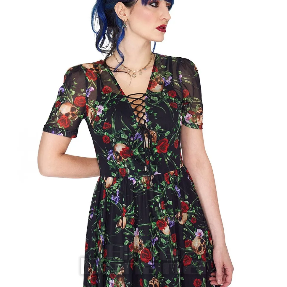 Jawbreaker Skull & Roses Mesh Midi Dress (Multicolour)
