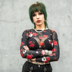 Jawbreaker Skulls & Roses Mesh Top (Black)