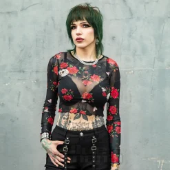 Jawbreaker Skulls & Roses Mesh Top (Black)