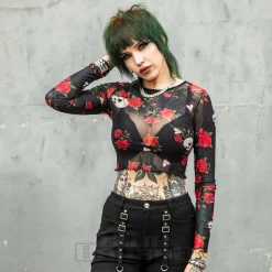 Jawbreaker Skulls & Roses Mesh Top (Black)