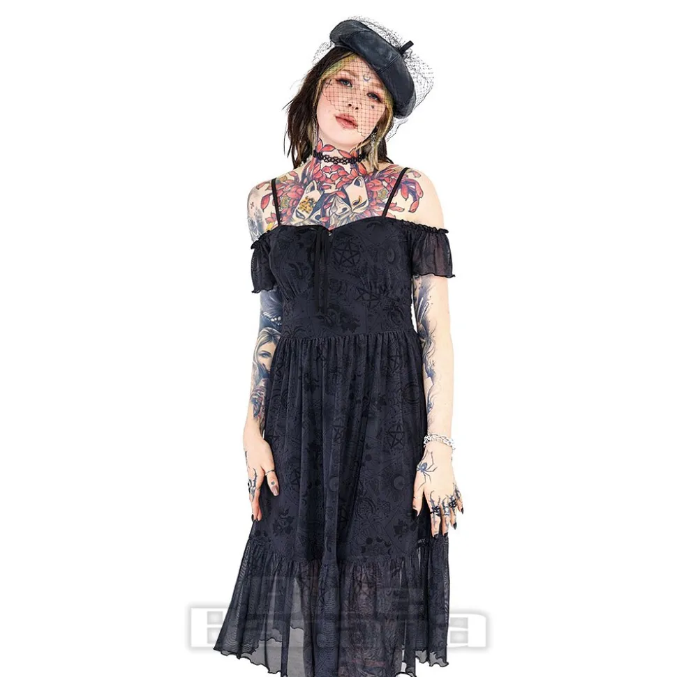 Jawbreaker Tarot Cold-Shoulder Midi Dress (Black)