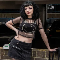 Nirvana Official Happy Face Mesh Crop T Shirt (Black)