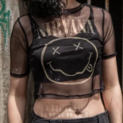 Nirvana Official Happy Face Mesh Crop T Shirt (Black)
