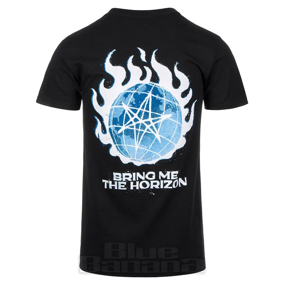 Official Bring Me The Horizon Blue Flame Globe T Shirt (Black)