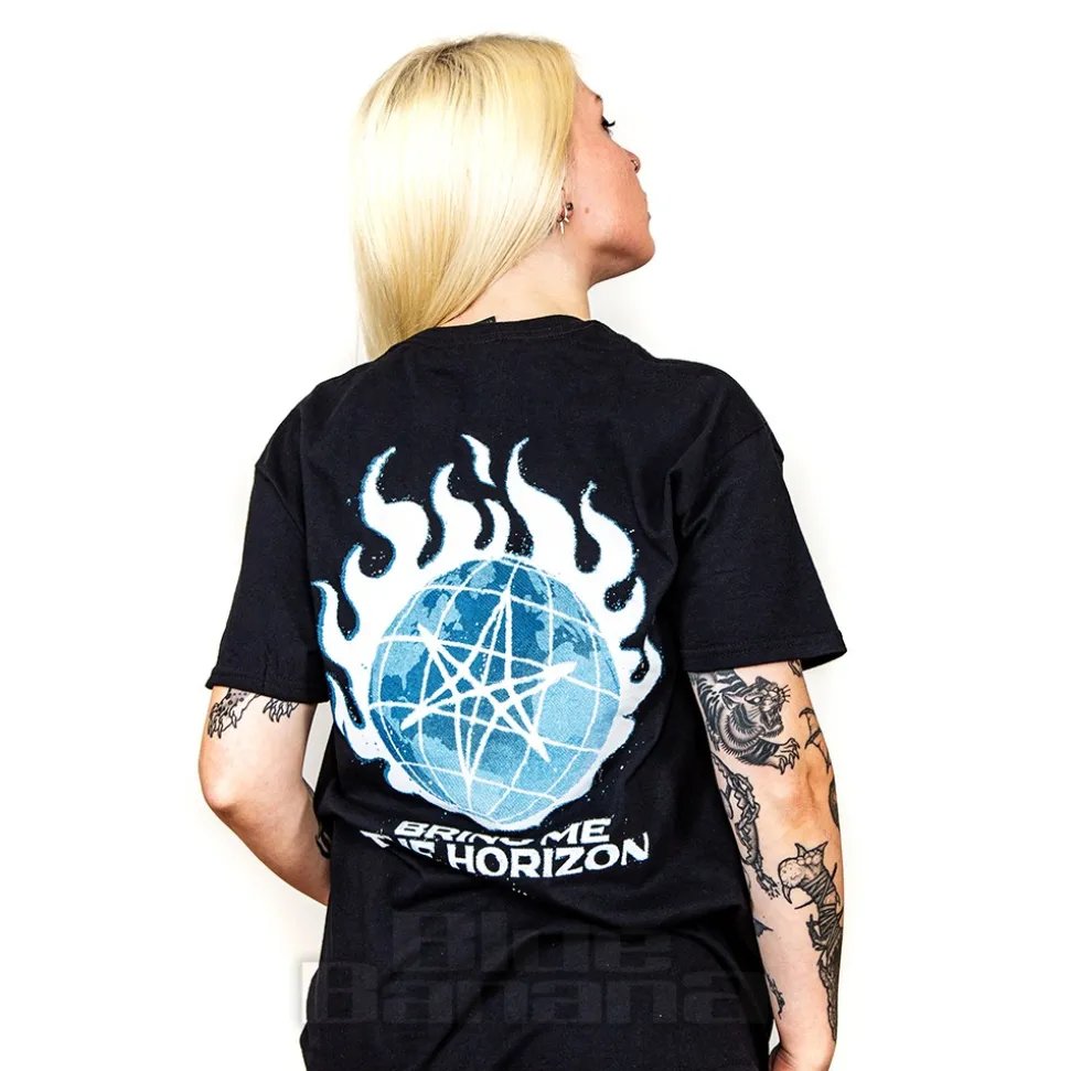 Official Bring Me The Horizon Blue Flame Globe T Shirt (Black)